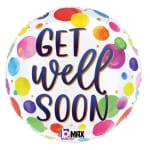 Round balloon with colorful dots and the words "GET well SOON"