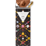 Chocolate candy bar in a black donut-patterned wrapper