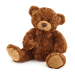 Brown teddy bear with a ribbon bow sitting on a white background