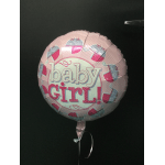 Pink foil balloon reading "baby GIRL!"