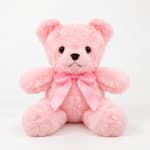 Pink plush teddy bear with a satin bow on a white background
