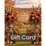 Autumn floral arch with pumpkins and lanterns, overlaid with Gift Card text