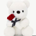 White teddy bear holding a red rose with a black ribbon