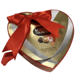 Heart-shaped chocolate gift box with a red ribbon bow