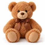 Brown teddy bear with a satin bow on a white background