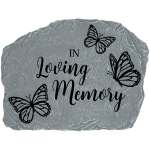Gray memorial stone with butterflies and the words In Loving Memory