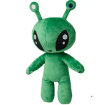 Green alien plush toy with large black eyes and two antennae.