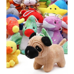 Assorted plush animal ornaments, including a dog and duck, on a white background