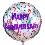 Round foil balloon reading Happy Anniversary with confetti design