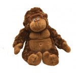 Plush brown monkey toy sitting on a white background