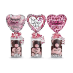 Three Valentine’s Day balloon gift sets with teddy bears in clear cylinders