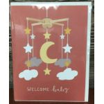 Baby shower card with a moon, stars, and clouds on a pink background