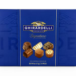 Blue Ghirardelli chocolate gift box with assorted chocolates pictured on the front