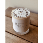 White birch candle in a glass jar with a floral lid label