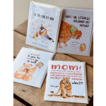 Four illustrated greeting cards with animal drawings and mom-themed text