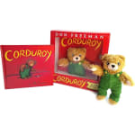 Corduroy book set with two teddy bears in green overalls