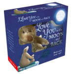 Blue gift box with a teddy bear and moon-themed book set