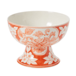 Orange and white floral ceramic pedestal bowl