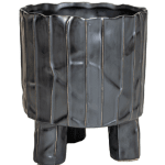 Black ceramic planter with vertical ridges and three short legs