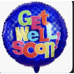 Round blue balloon with colorful "Get Well Soon!" text