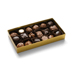 Box of assorted chocolates in a gold tray