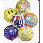 Five colorful get-well balloons with cheerful messages on a white background