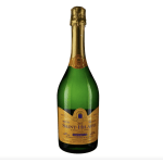 Green champagne bottle with a gold label on a white background