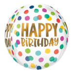Round birthday balloon with multicolored polka dots and gold text