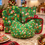 Christmas-themed fabric gift bags with gingerbread and Santa prints