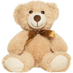 Beige teddy bear plush with a gold ribbon bow