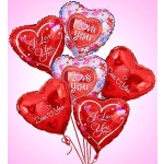 Cluster of heart-shaped red and floral balloons with love messages