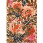 Watercolor floral thank-you card with orange and pink flowers and white script text that reads “thanks.”