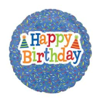 Round birthday balloon with colorful "Happy Birthday" text