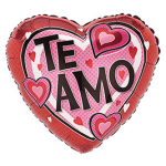 Heart-shaped balloon with "TE AMO" and pink-red hearts
