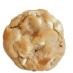 A single white chocolate chip cookie on a white background