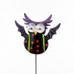 Decorative owl-shaped garden stake with purple wings and black body