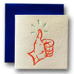 Blue card with a red thumbs-up illustration on a cream square