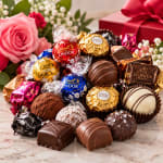 Assorted chocolates with pink roses and a red gift box