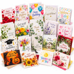 Assorted greeting cards with floral and holiday designs