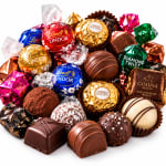 Assorted wrapped chocolates arranged on a white background