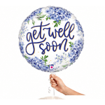 Round balloon with blue flowers and the words "get well soon"