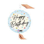 Round blue birthday balloon with multicolor stars and a hand holding the string