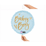 Blue baby boy balloon with gold lettering held by a hand