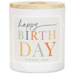 Birthday cake scented candle in a white jar with a gold lid