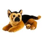 Plush dog toy lying down on a white background