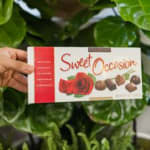 Hand holding a Sweet Occasion chocolate gift box in front of green plants