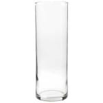 Tall clear glass cylinder vase on a white background
