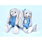 Two plush bunny toys in blue outfits sit side by side