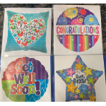 Four colorful foil greeting cards with messages like I love you and Happy Birthday.