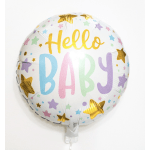 Round foil balloon reading "Hello Baby" with pastel stars